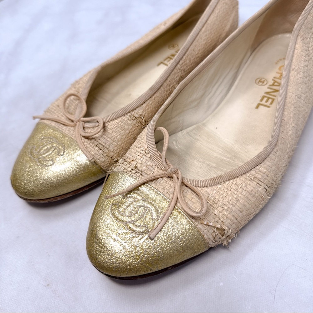 CHANEL Vintage Y2K Raffia Woven CC Coco Mark Leather Cap Toe Ballet Flats 38.5 - Picture 3 of 14